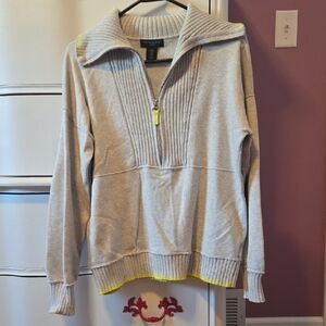 Cynthia Rowley Light Gray Zip-Up Sweater with Yellow Trim